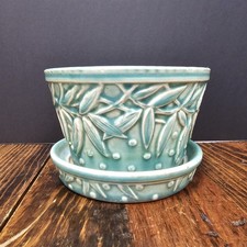 Set of 7 Glazed Terracotta Planters with Embossed Leaf/Lotus Motif in Weathered Blue-Green Glaze — listing 4