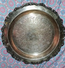 Vintage Silverplate Round Serving Tray with Beaded Rim and Engraved Scrollwork — listing 5