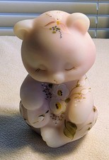 Fenton Hand-Painted Satin Milk Glass Bear Figurine with Floral Heart Motif