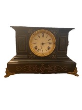 Antique Victorian Black Enameled Iron Mantel Clock with Ram's Head Ornaments and Copper Dial — listing 2