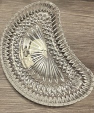 Vintage Crystal Moon/Crescent Shaped Dish with Frosted Daisy Floral Cut Design, Clear, 6" x 4" x 1" — listing 6