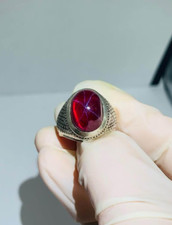 Vintage Men's Signet Ring with Emerald-Cut Red (Synthetic Ruby) Stone, Engraved Shoulders
