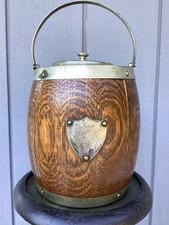 Pair of Antique English Oak Barrel-Form Biscuit Barrels with Silver-Plate Mounts