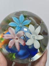 Art Glass Lampwork Floral Orchid Paperweight on Dark Blue/Green Ground — listing 5