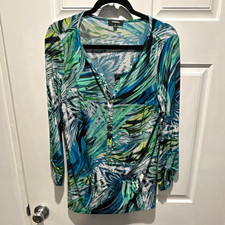 Premise Woman "Florence" Olive/Black Leaf-Print Bell-Sleeve Knit Top, Size 1X