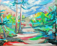 Vintage Original Oil Painting on Canvas, Alpine Mountain Lake Landscape with Cottage, Signed — listing 5
