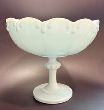 Vintage Milk Glass Pedestal Compote with Pressed Star and Fan Pattern — listing 2