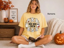Women's Halloween Boo Graphic T-Shirt, Black with Orange Buffalo Plaid Print, Size L — listing 3