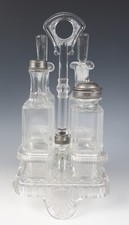 Antique Victorian EAPG Pressed Glass Castor Set Bottles - Cruet, Salt & Pepper Shakers, and Mustard Pot with Pewter Lids (4 pieces plus stopper) — listing 6