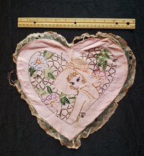 Antique Hand-Embroidered Red Heart Sachet/Pincushion "For Thy Fair Hands"