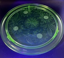 Green Uranium/Vaseline Glass Iridescent Carnival Plate with Embossed Sunflower/Daisy Floral Pattern — listing 4
