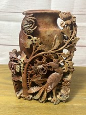 Chinese Hand-Carved Soapstone Bookend with Bird of Paradise & Foliage, Grey-Green, 5" Tall — listing 4