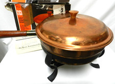 Vintage Copper and Brass Chafing Dish with Wooden Handle and Fuel Burner