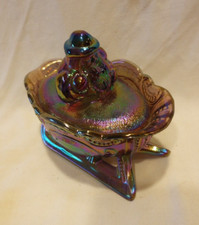 Westmoreland Blue Carnival Glass Covered Santa Claus Candy Dish on Pedestal Feet — listing 4