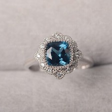 Sterling Silver Cocktail Ring with Faceted Blue Topaz-Style Center Stone and Pavé Accents — listing 3