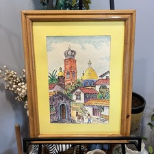 Original Watercolor Painting of Mexican Church Scene with Figures in Sombreros — listing 5
