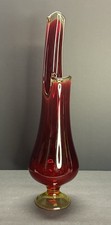 Vintage Ruby Red Amberina Swung Vase with Iridescent Carnival Glass Hexagonal Base — listing 6