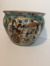 Chinese Satsuma-Style Fish Bowl Planter / Jardinière with Geisha Figures and Gilt Decoration