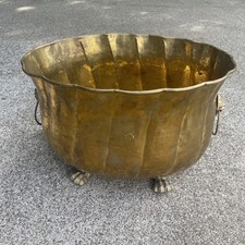 Vintage Brass Cylindrical Planter Jardinière with Lion Head Ring Handles — listing 4