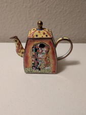 Miniature Hand-Painted Enamel Collector Teapot - Klimt 'The Kiss' Motif — listing 3