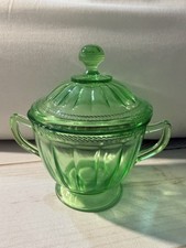 Green Uranium Depression Glass Double-Handled Open Sugar Bowl, Paneled Design, 3.5 x 3.5 in — listing 6