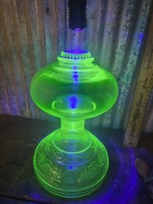 Vintage Uranium Glass Kerosene Oil Lamp with Green Vaseline Glass Font and Clear Glass Chimney, 17 inches tall