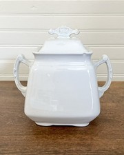 White Ironstone Biscuit Jar / Covered Pot with Embossed Castle & Grapevine Relief and Figural Finial — listing 2