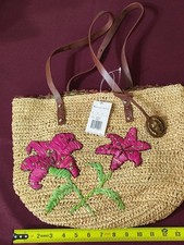 Etienne Aigner Vintage Tan Raffia & Brown Croc-Embossed Leather Shoulder Handbag — listing 3