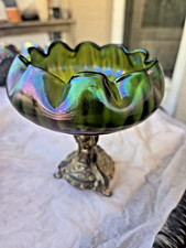 Vintage Green Iridescent Textured Art Glass Vase with Ruffled Rim — listing 5