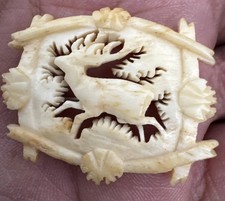 Carved Bone Medallion Brooch with Turquoise Cabochon, 3 inch — listing 6
