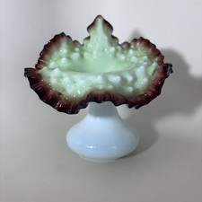 Vintage Hand-Blown Jack-in-the-Pulpit Art Glass Vase, Green & Pink Cased Glass with Ruffled Orange Top, 7.5"