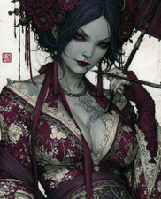 Original Surrealist Acrylic Painting on Canvas - Green-Skinned Geisha with Moth and Spiderweb — listing 4