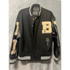 Black Varsity Bomber Jacket with Chenille Bone Patches and 'B' Letterman Patch — listing 5