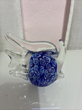 Hand-Blown Art Glass Paperweight with Green Flower, Blue Speckled Base, and Controlled Bubble — listing 5