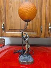 Vintage Brass Figural Golfer Table Lamp with Burlap Shade