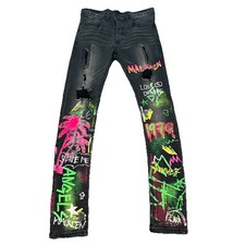 Mackeen Distressed Light Wash Denim Jeans with Neon Skull Graphic — listing 6