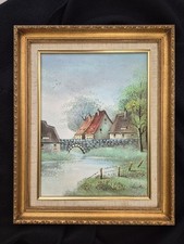 Vintage Original Oil Painting on Canvas, Still Life of Yellow Roses in Blue Vase with Small Figurine — listing 6
