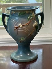 Roseville Pottery Snowberry Two-Handled Vase in Blue — listing 3