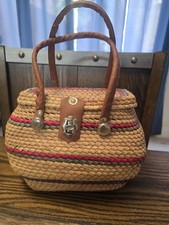 Vintage Embossed Leather and Woven Rattan Domed Lidded Storage Basket/Box