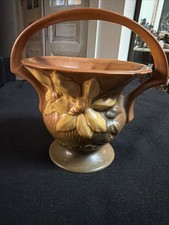 Roseville Pottery Clematis Pattern Handled Basket Vase, Rose/Brown