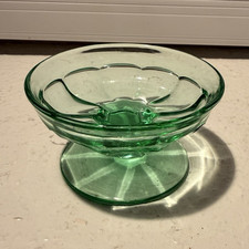 Vintage Green Glass Footed Compote Bowl with Scalloped Rim — listing 2