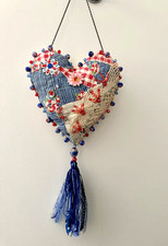 Antique Hand-Embroidered Red Heart Sachet/Pincushion "For Thy Fair Hands" — listing 4