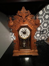 Antique Victorian Pressed Oak Gingerbread Kitchen Mantel Clock with Pendulum — listing 4