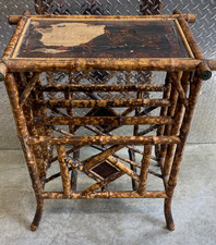 Antique Bamboo & Rattan Magazine Rack with Collection of Leather-Bound Books