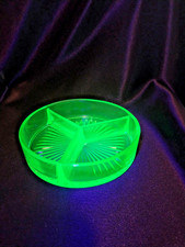 Green Uranium Glass Divided Relish Dish, Art Deco Pressed Glass, 10 inch — listing 6