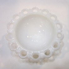 Vintage White Milk Glass Footed Compote with Embossed Grape and Leaf Pattern — listing 3