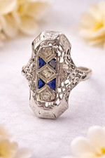 Art Deco Filigree Cocktail Ring with Old European Cut Diamonds and Sapphire Accents — listing 3