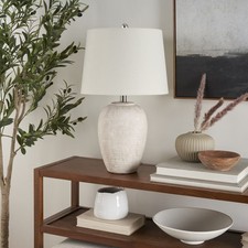 Distressed Cream Carved Table Lamp with Burlap Drum Shade