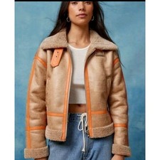 BDG Faux Leather Shearling-Lined Aviator Jacket, Brown, Size S (UK 8-10) — listing 6
