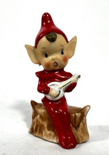 Vintage Mid-Century Ceramic Christmas Pixie Elf Figurines, Pair (Boy & Girl) with Holly Caps - Candleholders/Place Card Holders — listing 3